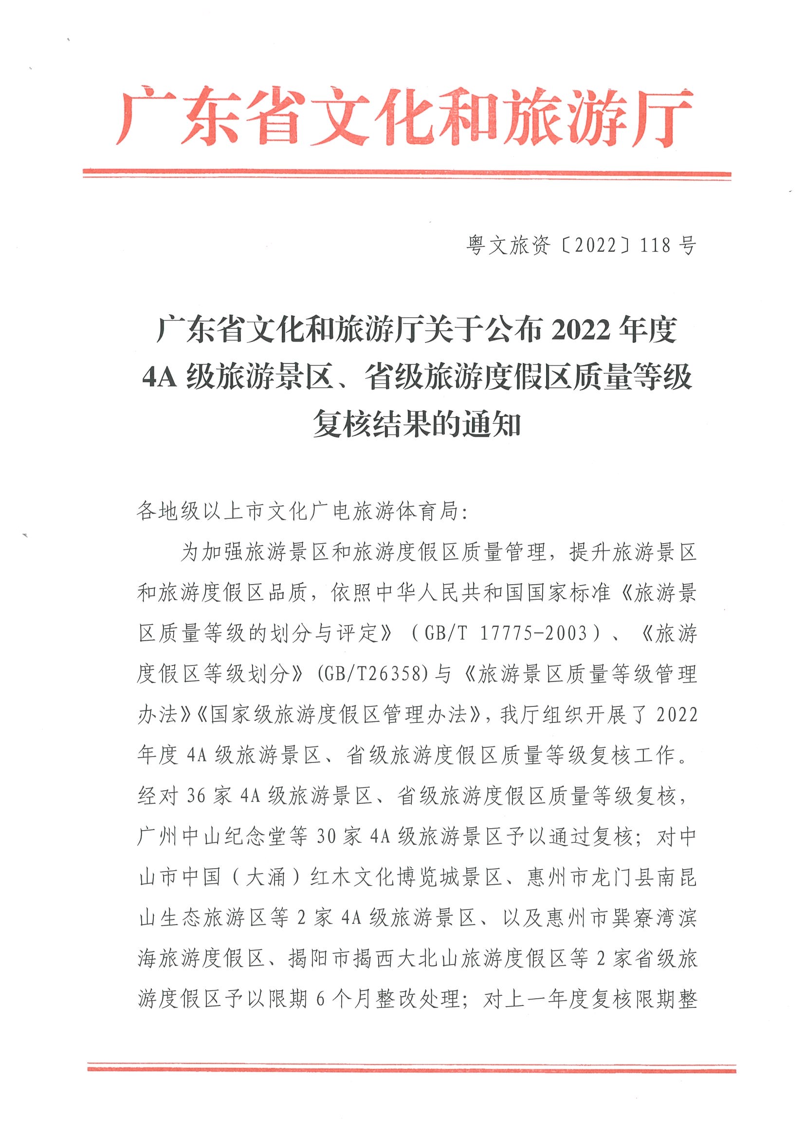 污污漫画关于公布2022年4A级旅游景区、省级旅游度假区质量等级复核结果的通知_页面_1.jpg